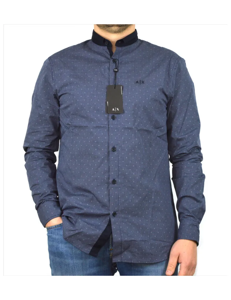 ARMANI EXCHANGE camicia uomo  blu fantasia collo piccolo cotone 3GZC43