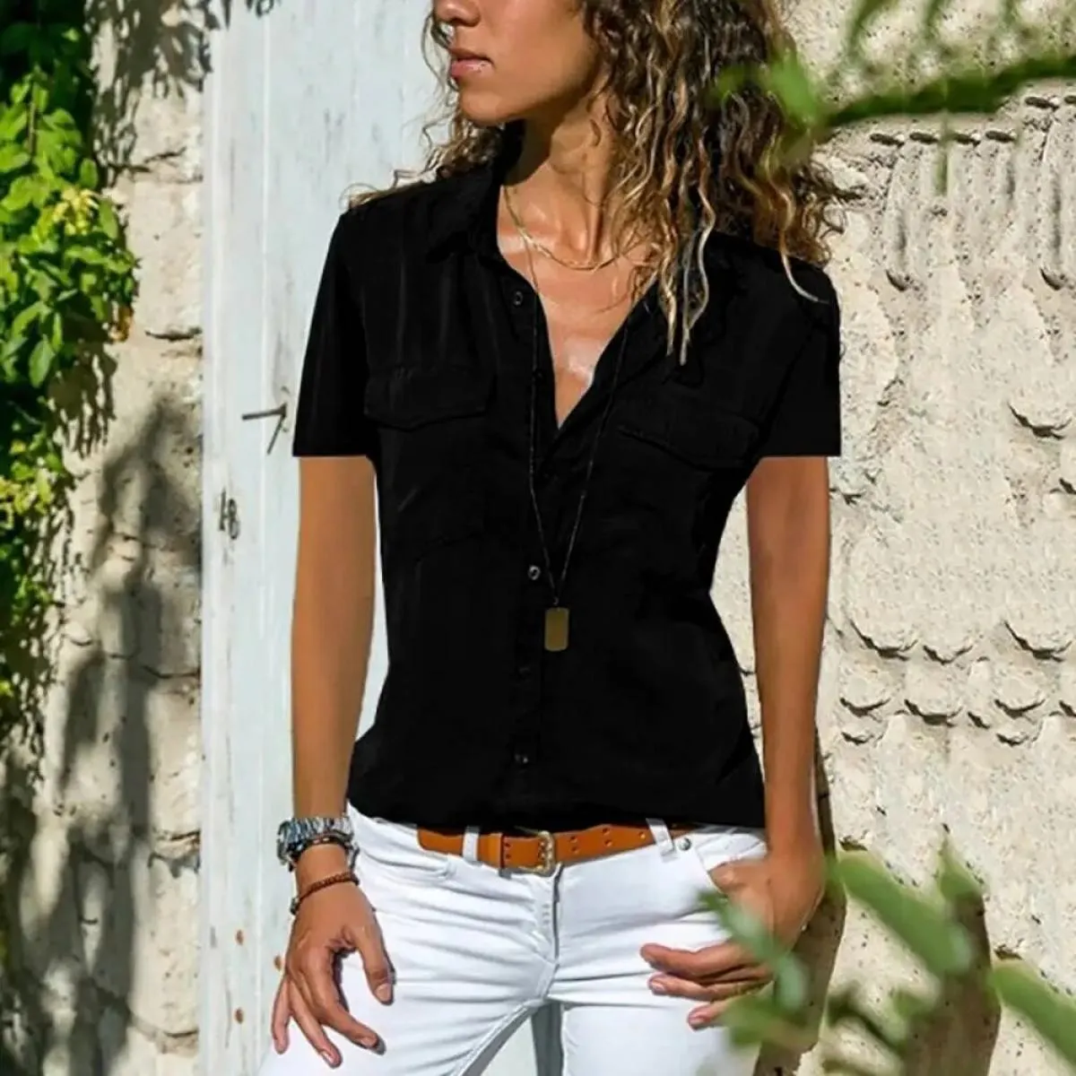 Camicia di dicembre Top corto tinta unita Camicetta con colletto a punta slim fit per donna