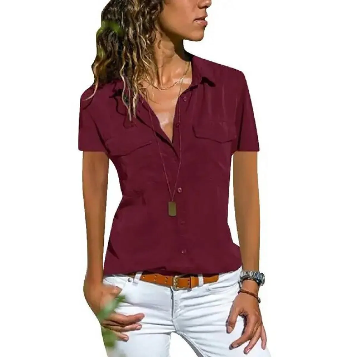 Camicia di dicembre Top corto tinta unita Camicetta con colletto a punta slim fit per donna