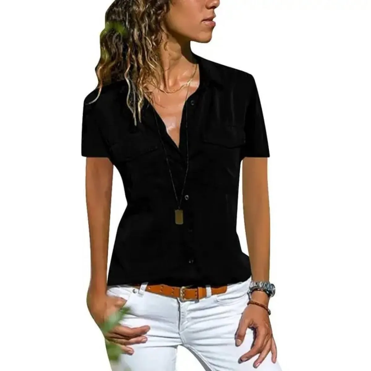 Camicia di dicembre Top corto tinta unita Camicetta con colletto a punta slim fit per donna