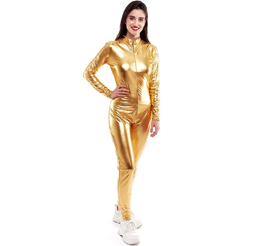 Costume o tuta con chiusura frontale color oro metallizzato per donna