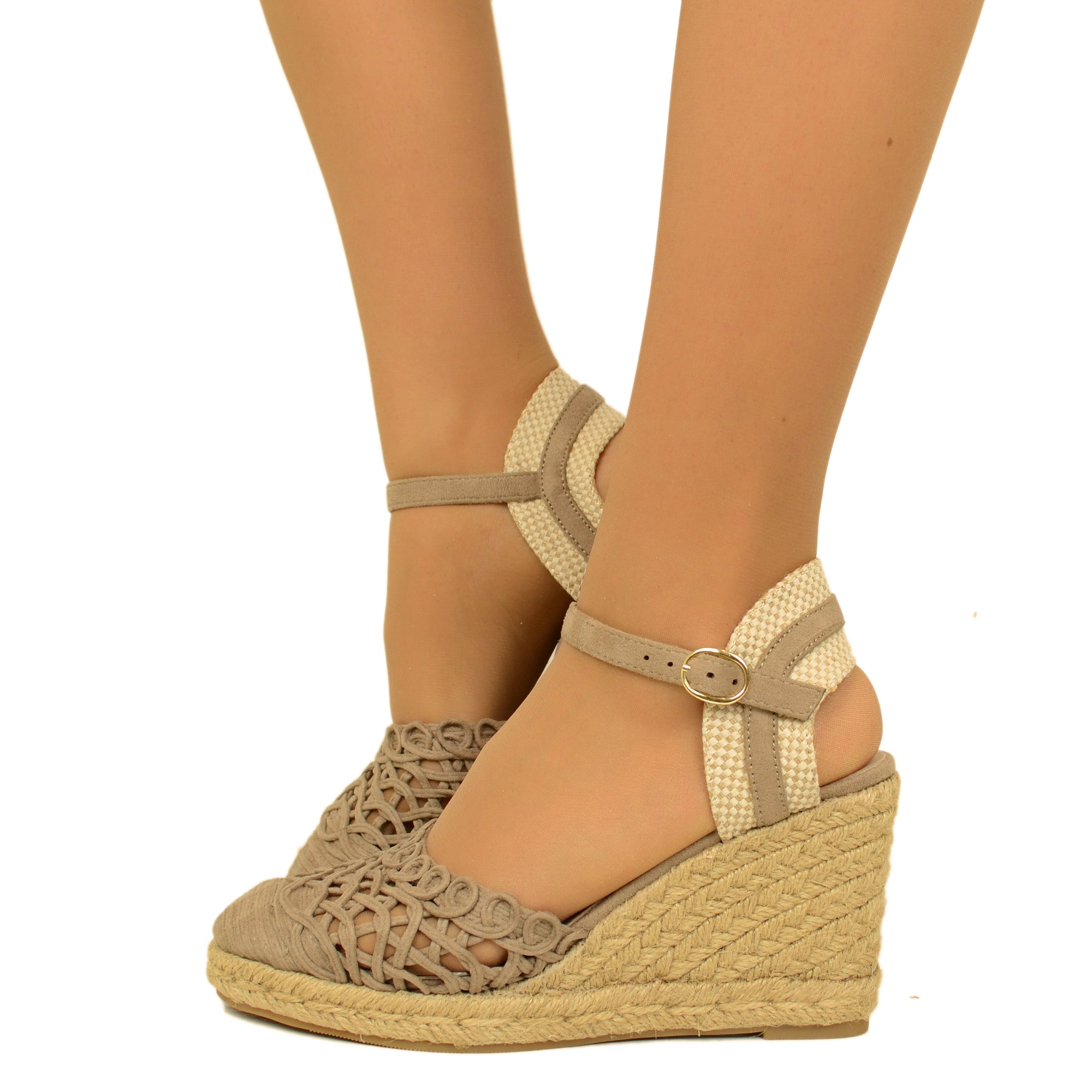 Espadrillas Campesine Taupe Traforate con Zeppa in Corda