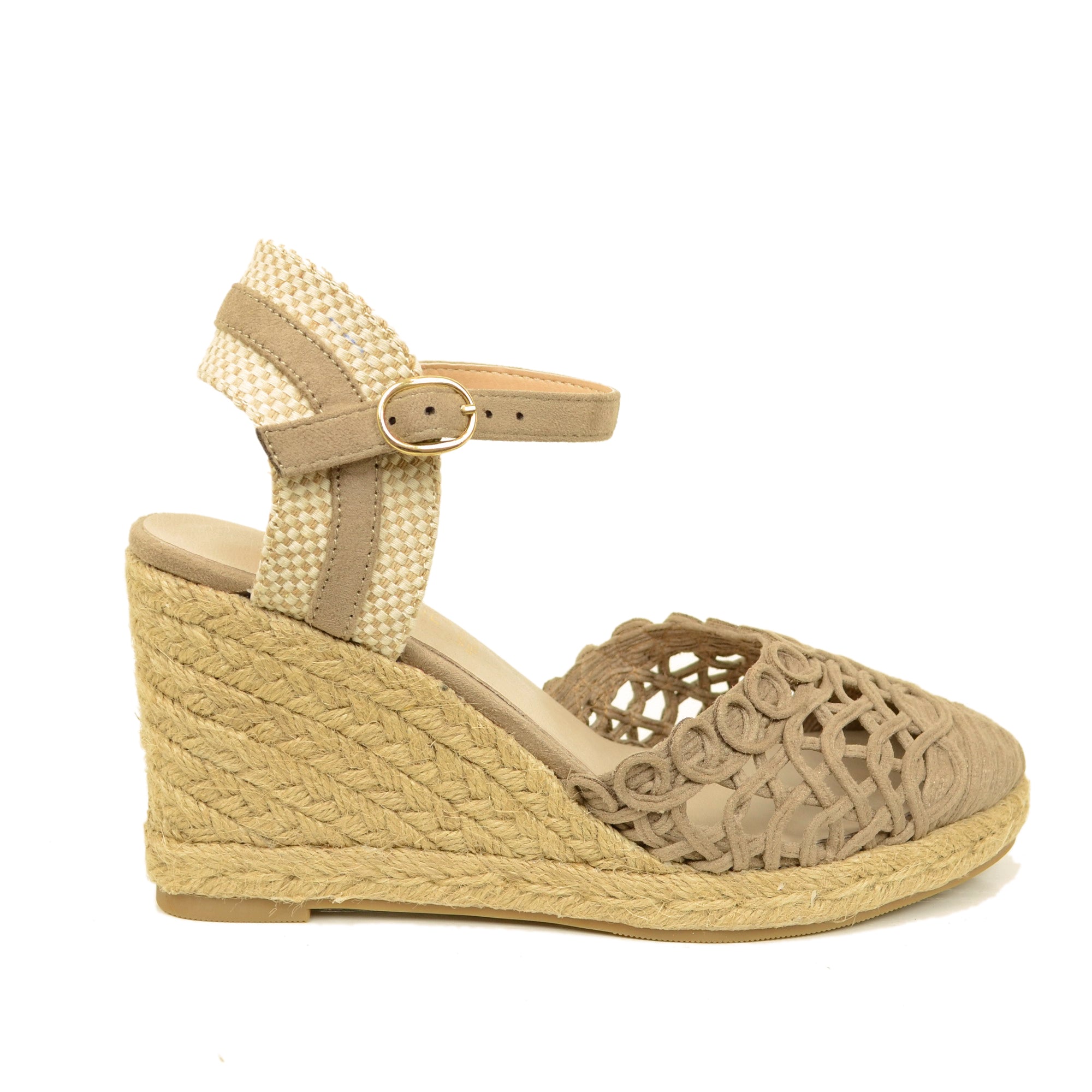 Espadrillas Campesine Taupe Traforate con Zeppa in Corda