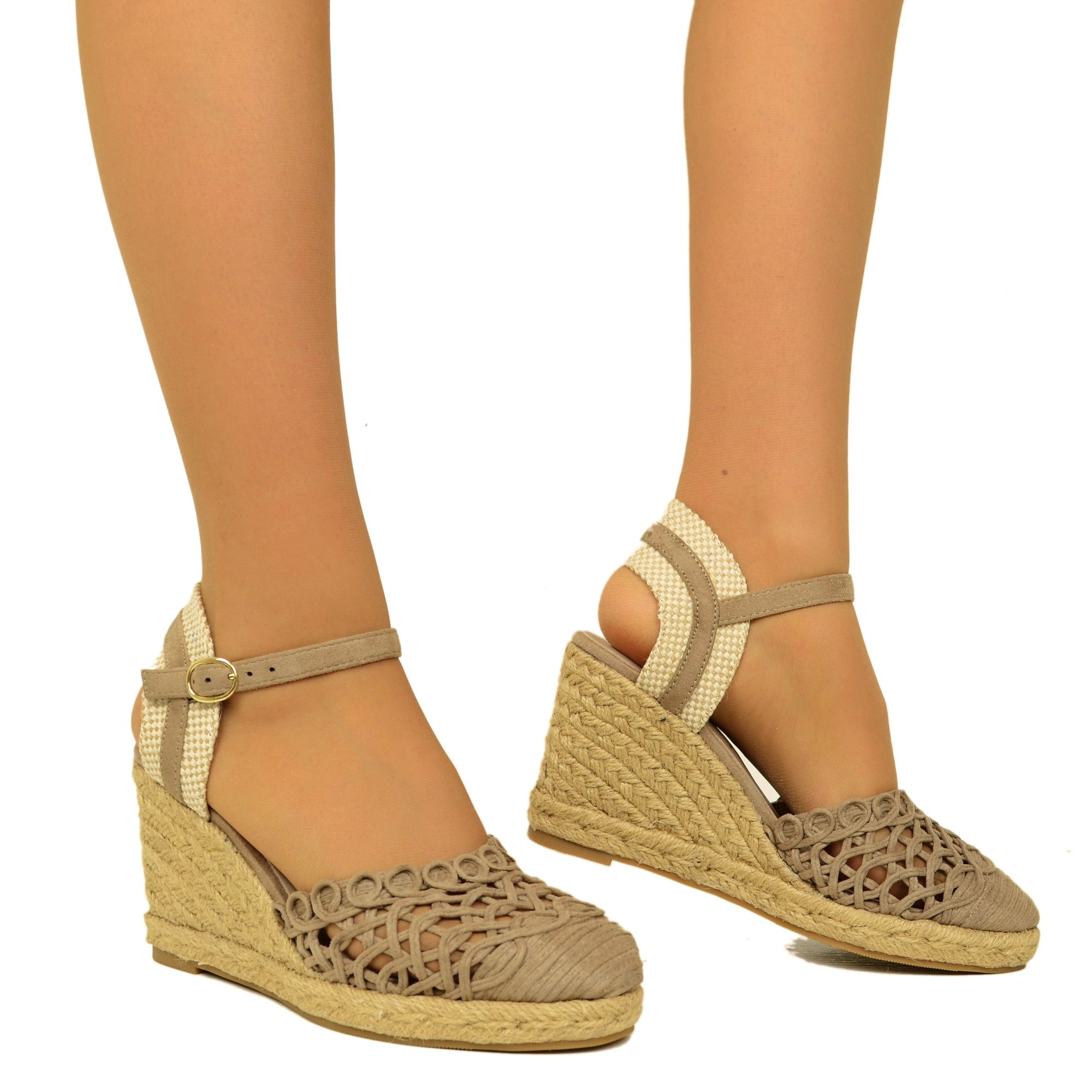 Espadrillas Campesine Taupe Traforate con Zeppa in Corda