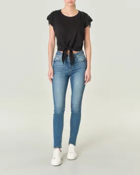 Jeans skinny in cotone strech blu stone washed con schiariture lungo le gambe