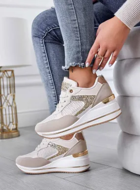 MAGGIE - Sneakers beige con inserti glitter oro