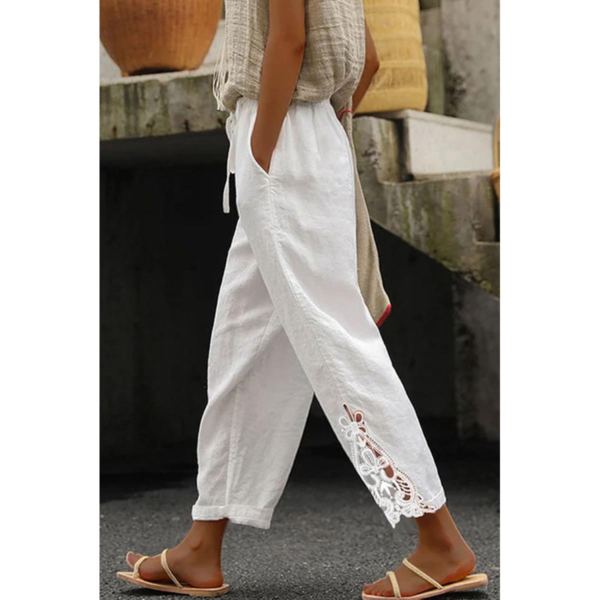 Pantalone elegante in cotone con pizzo, bianco