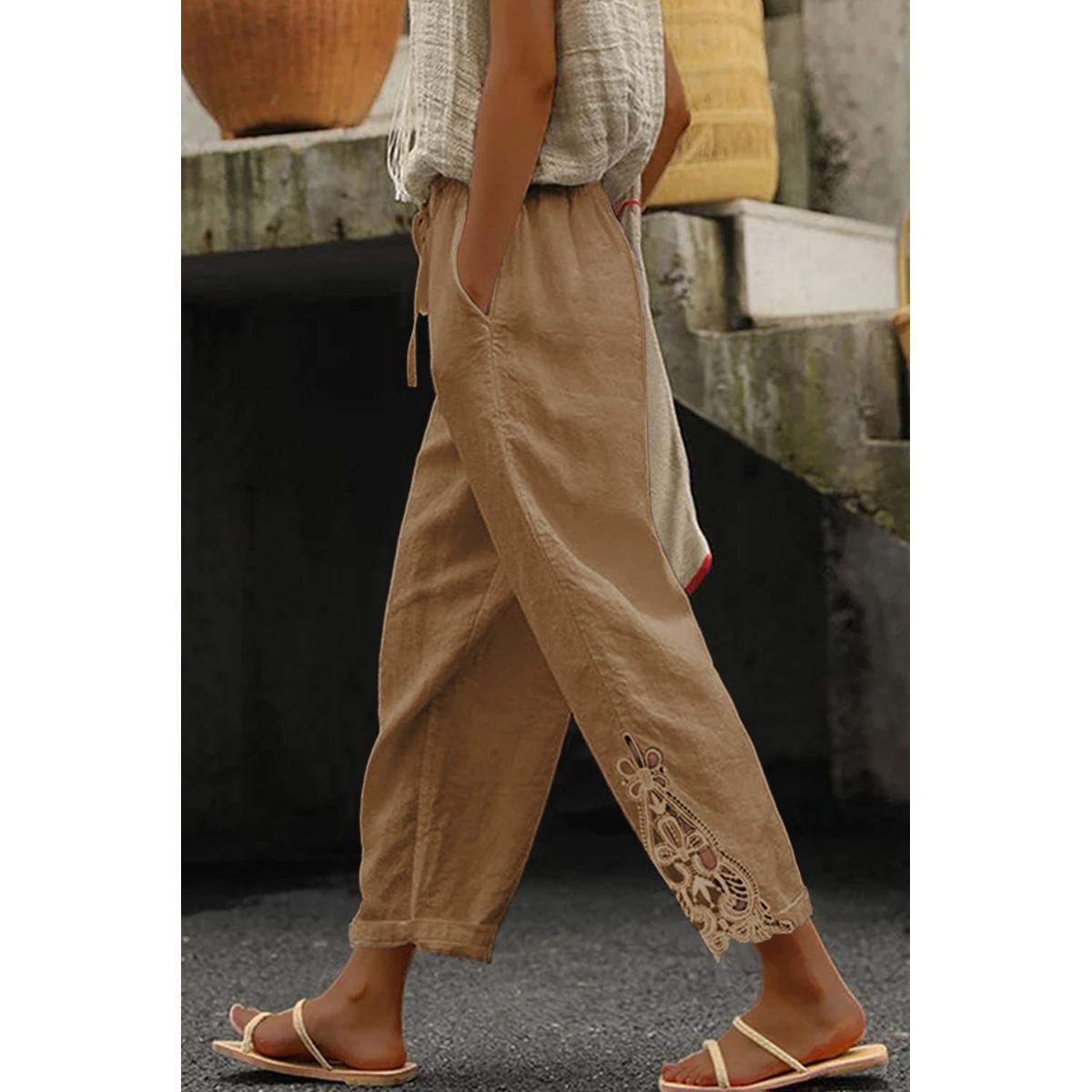 Pantaloni eleganti in cotone con pizzo, kaki