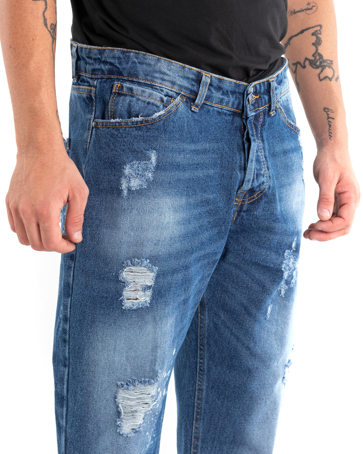 Pantaloni Jeans Uomo Loose Fit Denim Con Rotture Cinque Tasche GIOSAL-P5512A