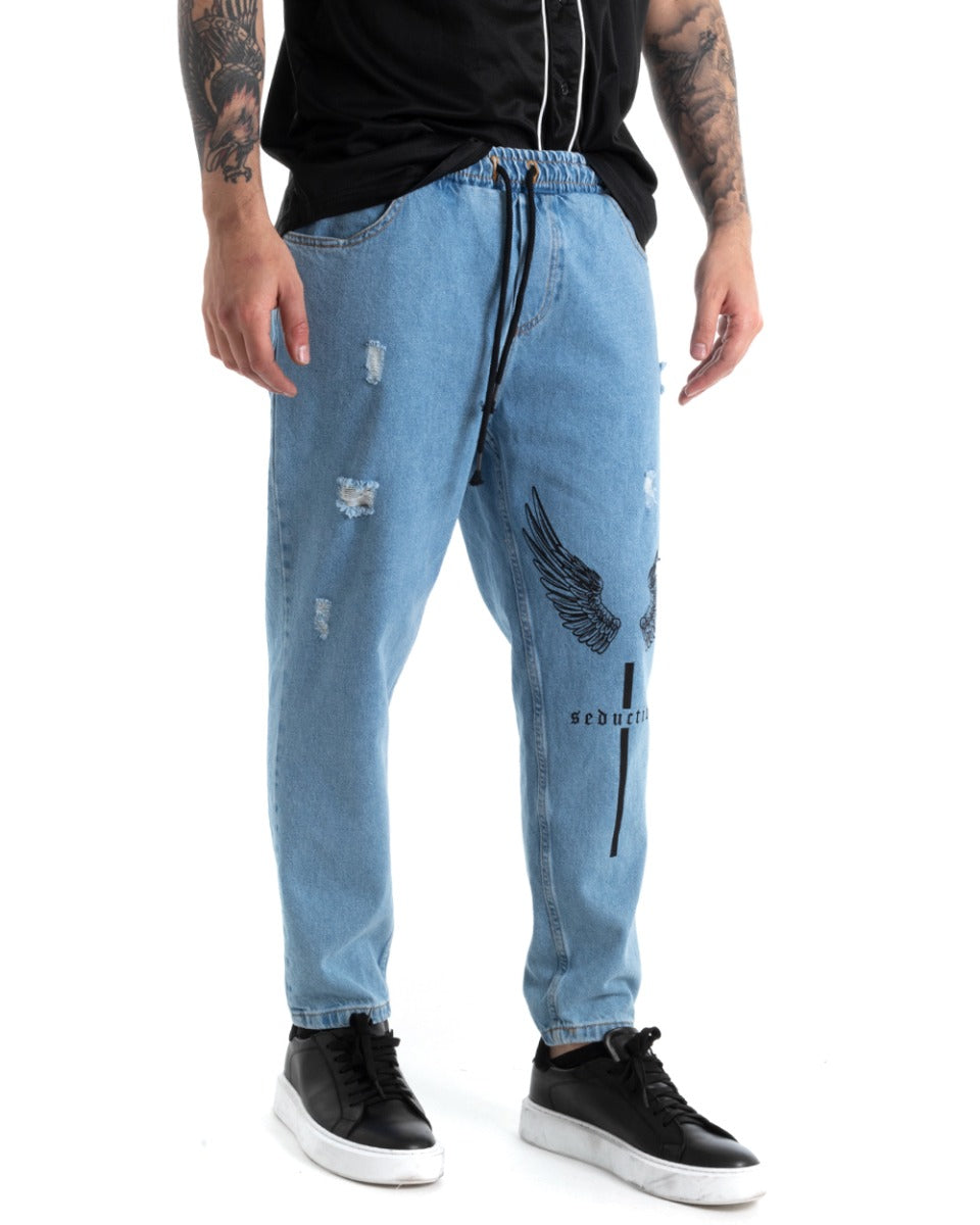 Pantaloni Jeans Uomo Loose Fit Denim Con Stampa Pantalaccio Casual GIOSAL-P5283A