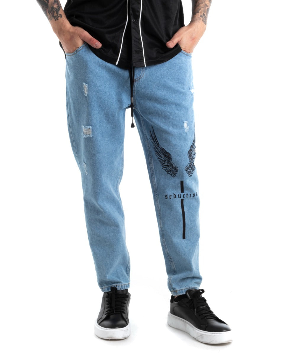 Pantaloni Jeans Uomo Loose Fit Denim Con Stampa Pantalaccio Casual GIOSAL-P5283A