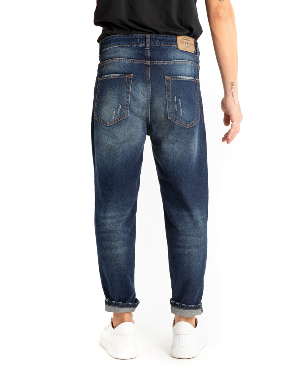 Pantaloni Jeans Uomo Loose Fit Denim Scuro Con Rotture Sabbiato GIOSAL-P5445A