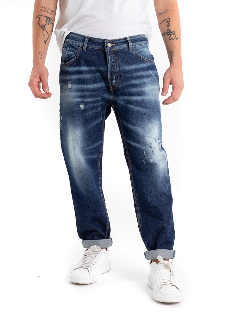 Pantaloni Jeans Uomo Loose Fit Denim Scuro Con Rotture Stone Washed GIOSAL-P5446A