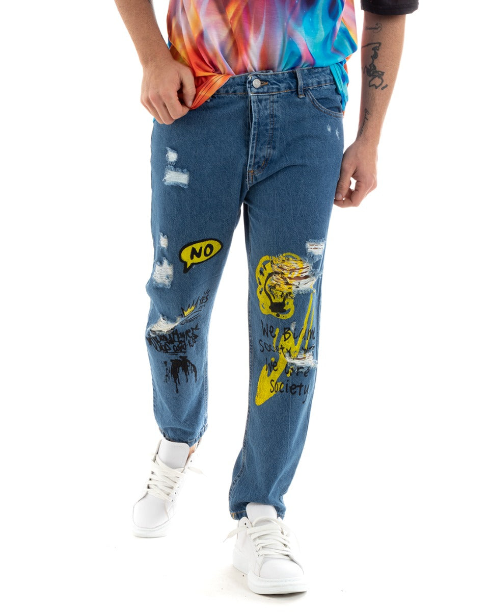 Pantaloni Jeans Uomo Loose Fit Denim Stampa Cinque Tasche Casual GIOSAL-P5768A