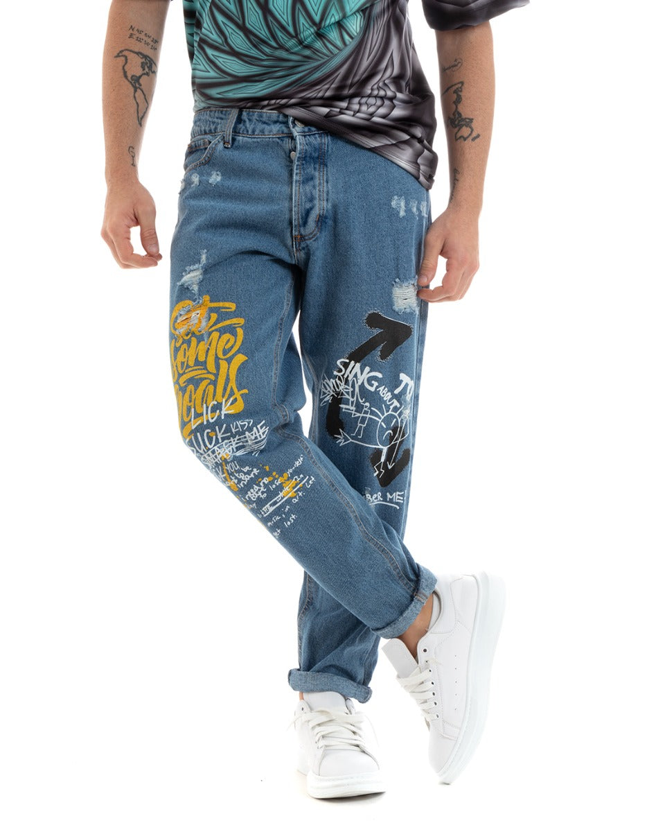 Pantaloni Jeans Uomo Loose Fit Denim Stampa Cinque Tasche Casual GIOSAL-P5769A