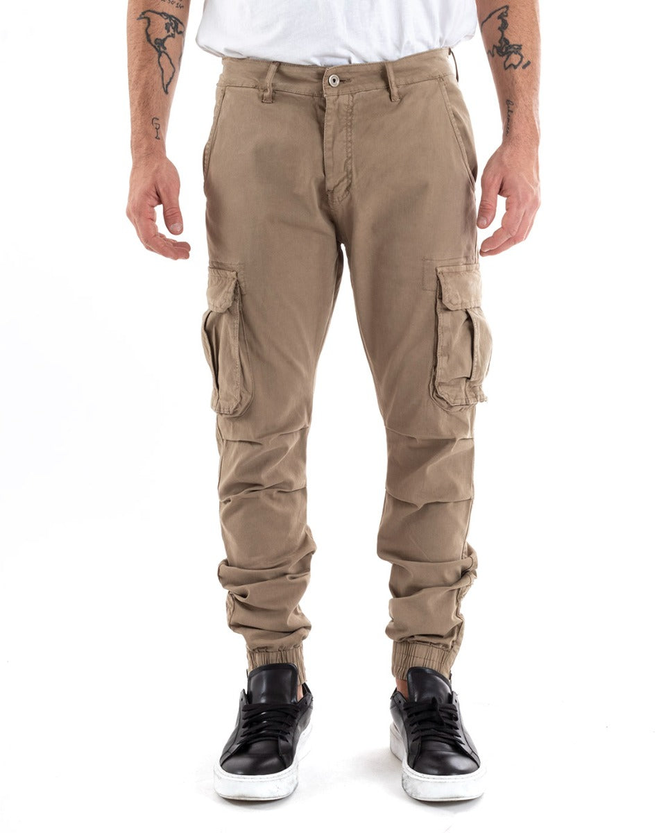 Pantaloni Uomo Cargo Con Zip Tasconi Casual Basic Beige GIOSAL-P5577A