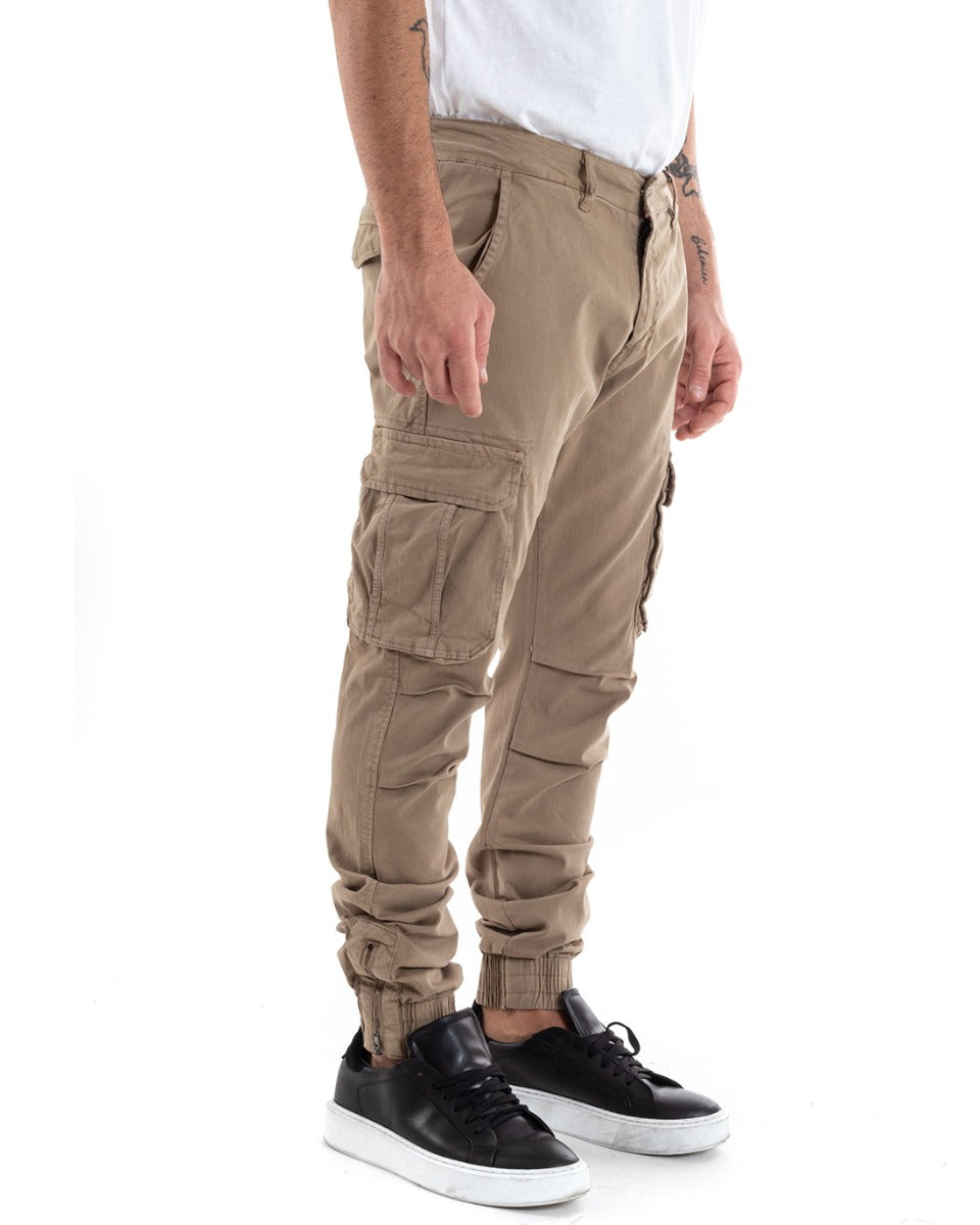 Pantaloni Uomo Cargo Con Zip Tasconi Casual Basic Beige GIOSAL-P5577A