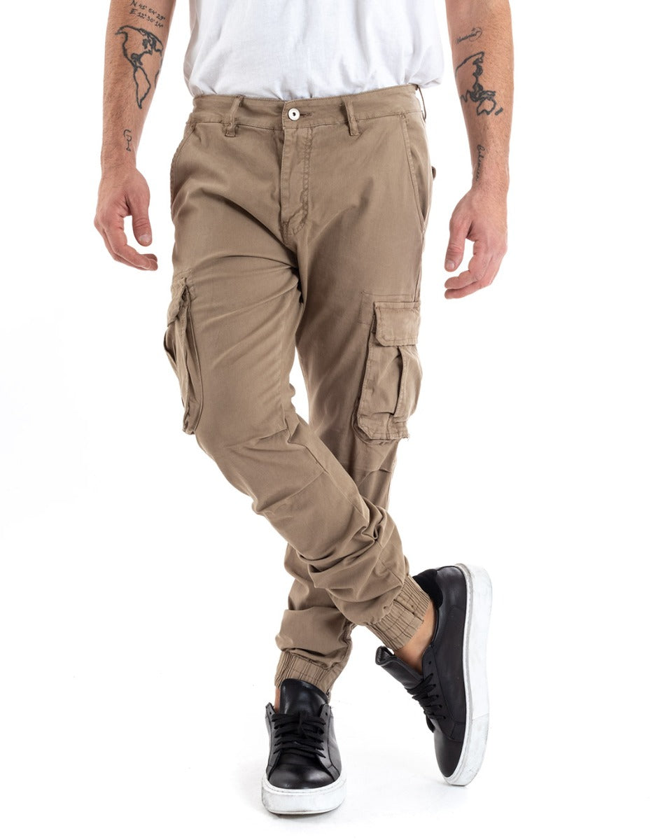 Pantaloni Uomo Cargo Con Zip Tasconi Casual Basic Beige GIOSAL-P5577A