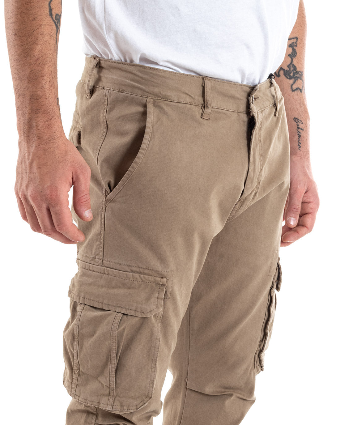 Pantaloni Uomo Cargo Con Zip Tasconi Casual Basic Beige GIOSAL-P5577A