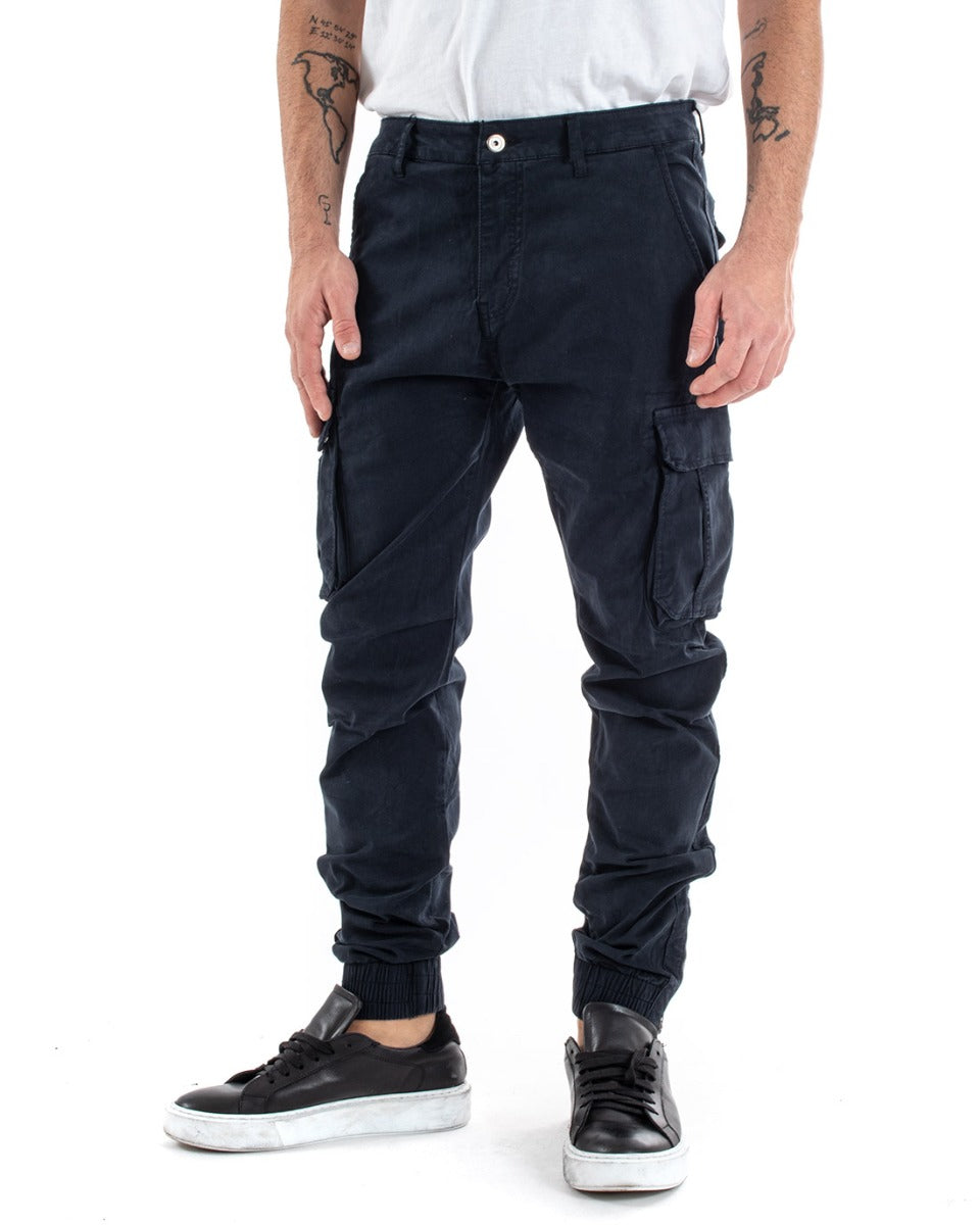 Pantaloni Uomo Cargo Con Zip Tasconi Casual Basic Blu GIOSAL-P5576A