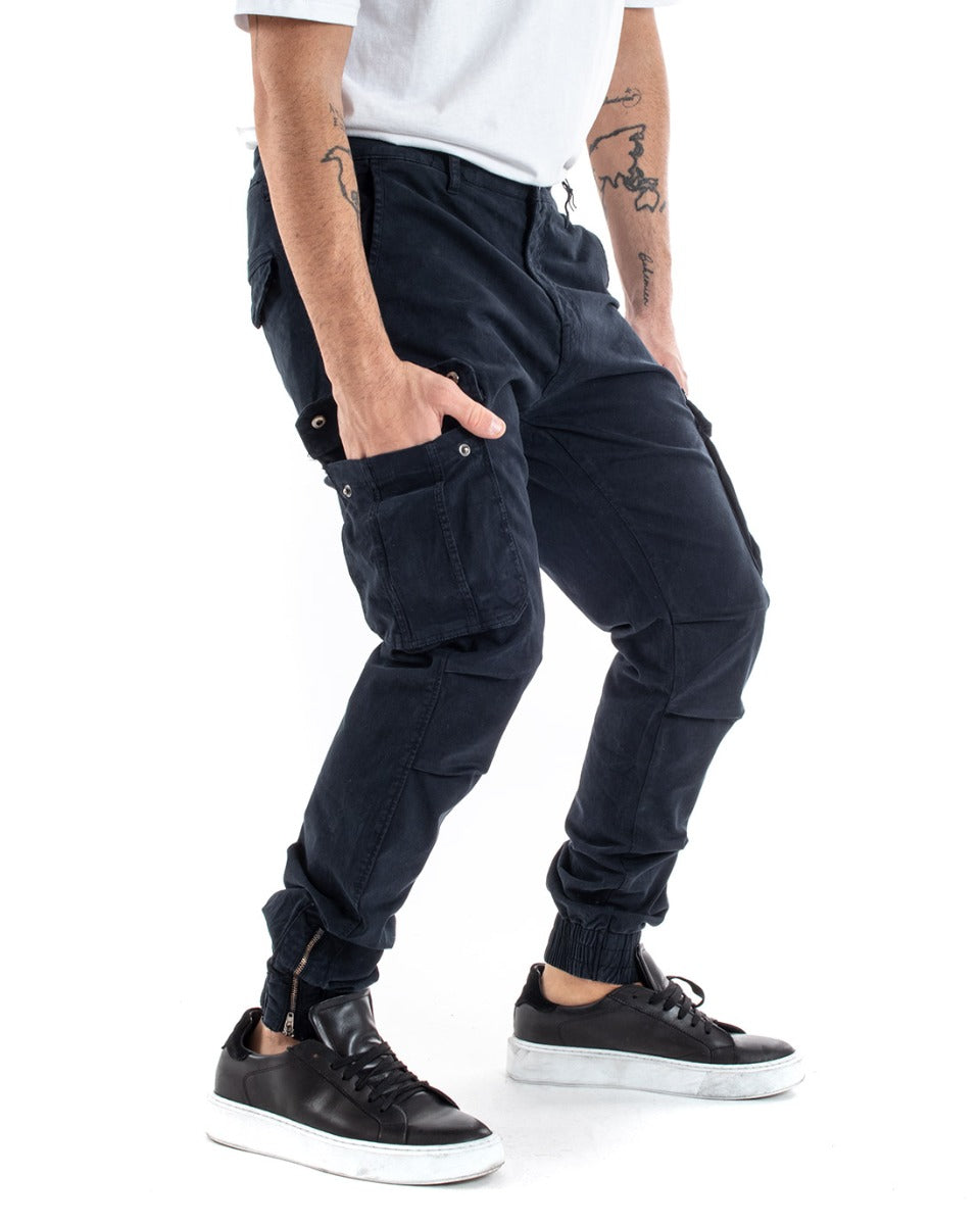 Pantaloni Uomo Cargo Con Zip Tasconi Casual Basic Blu GIOSAL-P5576A