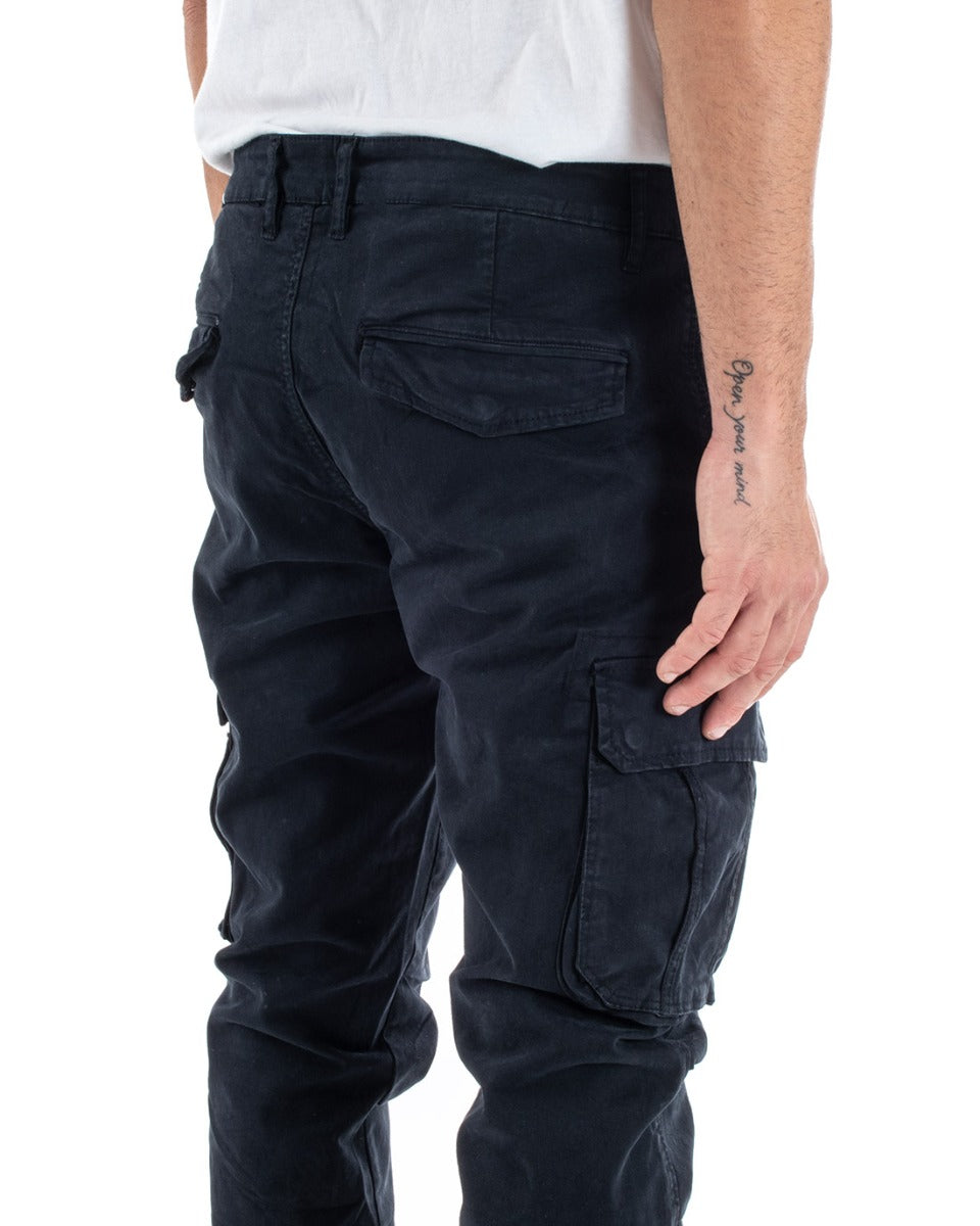 Pantaloni Uomo Cargo Con Zip Tasconi Casual Basic Blu GIOSAL-P5576A