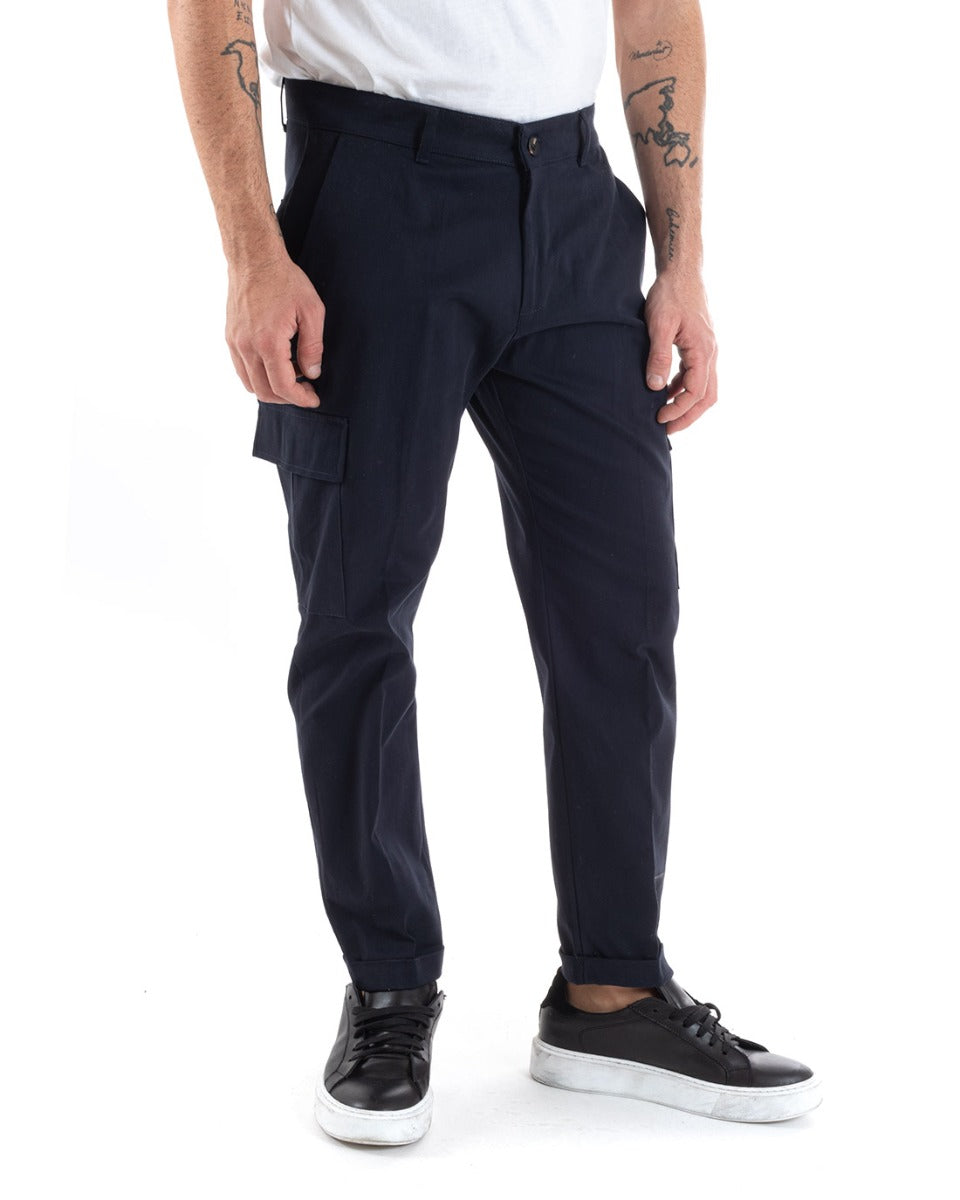 Pantaloni Uomo Cargo Cotone Tasconi Basic Tinta Unita Blu Casual GIOSAL-P5564A