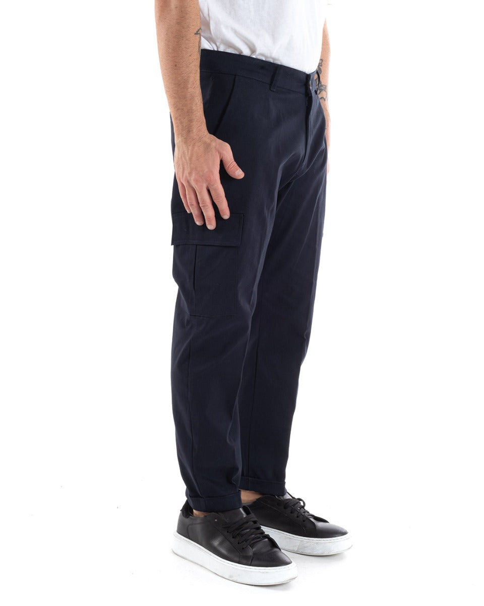 Pantaloni Uomo Cargo Cotone Tasconi Basic Tinta Unita Blu Casual GIOSAL-P5564A