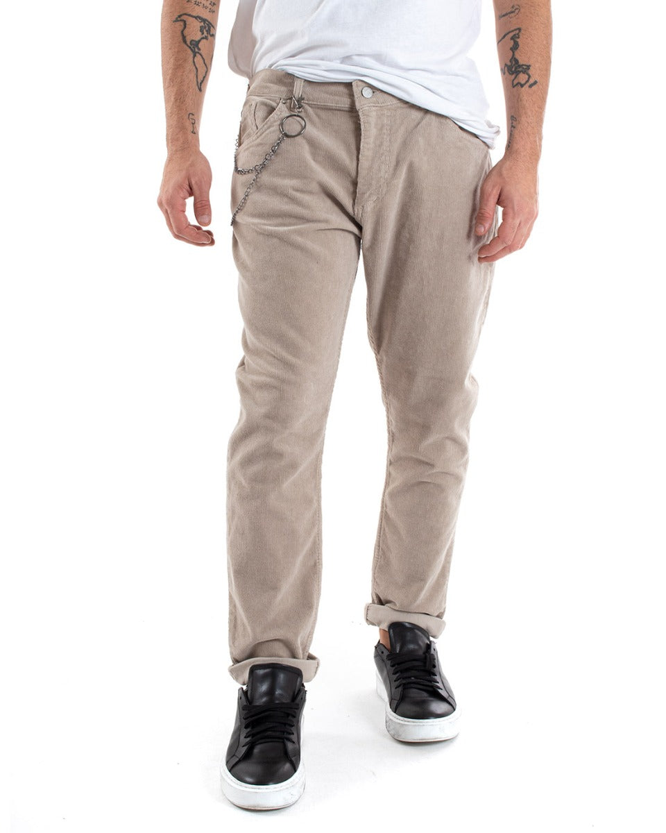 Pantaloni Uomo Cinque Tasche Velluto Millerighe Lucido Casual Beige GIOSAL-P5573A