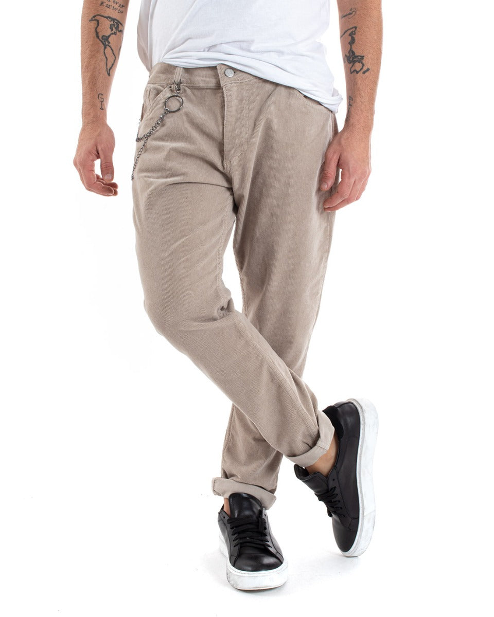 Pantaloni Uomo Cinque Tasche Velluto Millerighe Lucido Casual Beige GIOSAL-P5573A