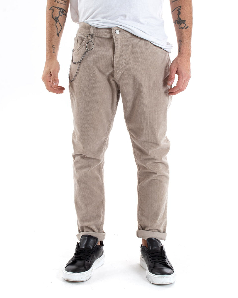 Pantaloni Uomo Cinque Tasche Velluto Millerighe Lucido Casual Beige GIOSAL-P5573A