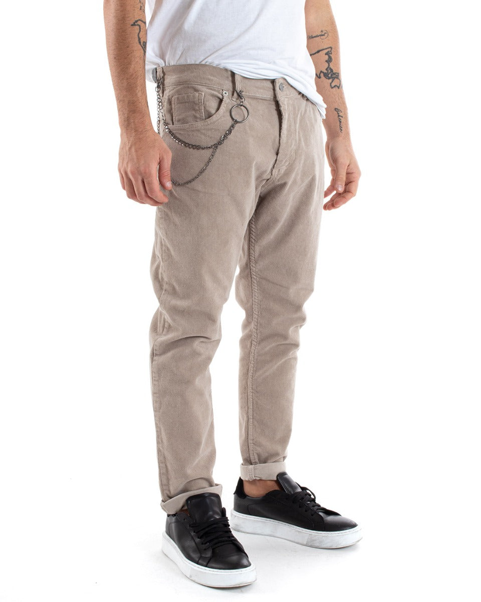 Pantaloni Uomo Cinque Tasche Velluto Millerighe Lucido Casual Beige GIOSAL-P5573A