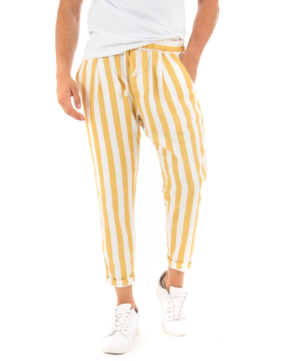 Pantaloni Uomo Pantalaccio Cotone Viscosa Rigato Giallo Elastico Casual GIOSAL-P5270A