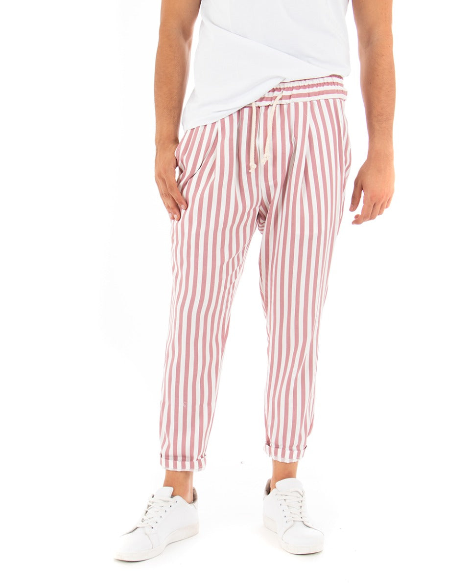 Pantaloni Uomo Pantalaccio Elastico Cotone Riga Stretta Rosa GIOSAL-P3834A