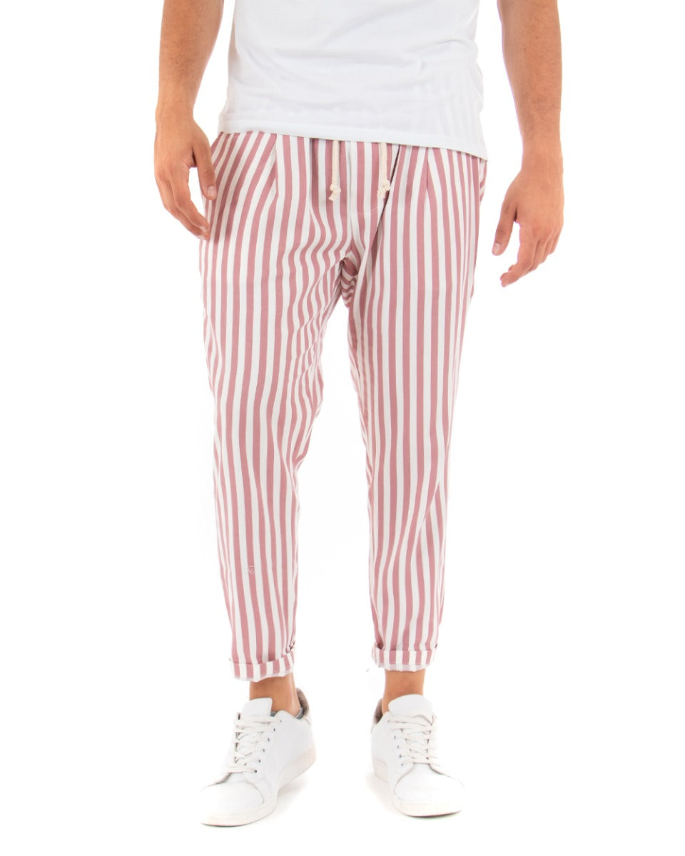 Pantaloni Uomo Pantalaccio Elastico Cotone Riga Stretta Rosa GIOSAL-P3834A