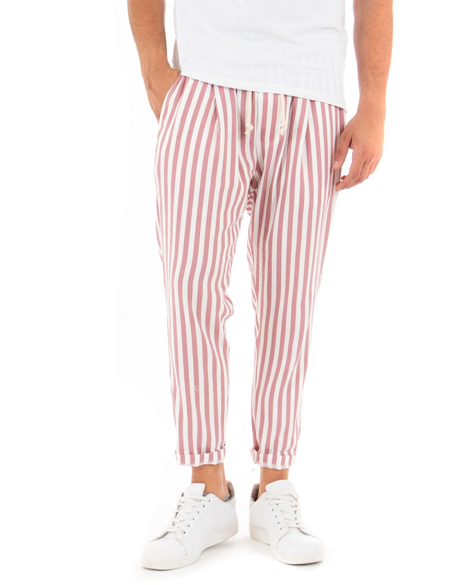 Pantaloni Uomo Pantalaccio Elastico Cotone Riga Stretta Rosa GIOSAL-P3834A