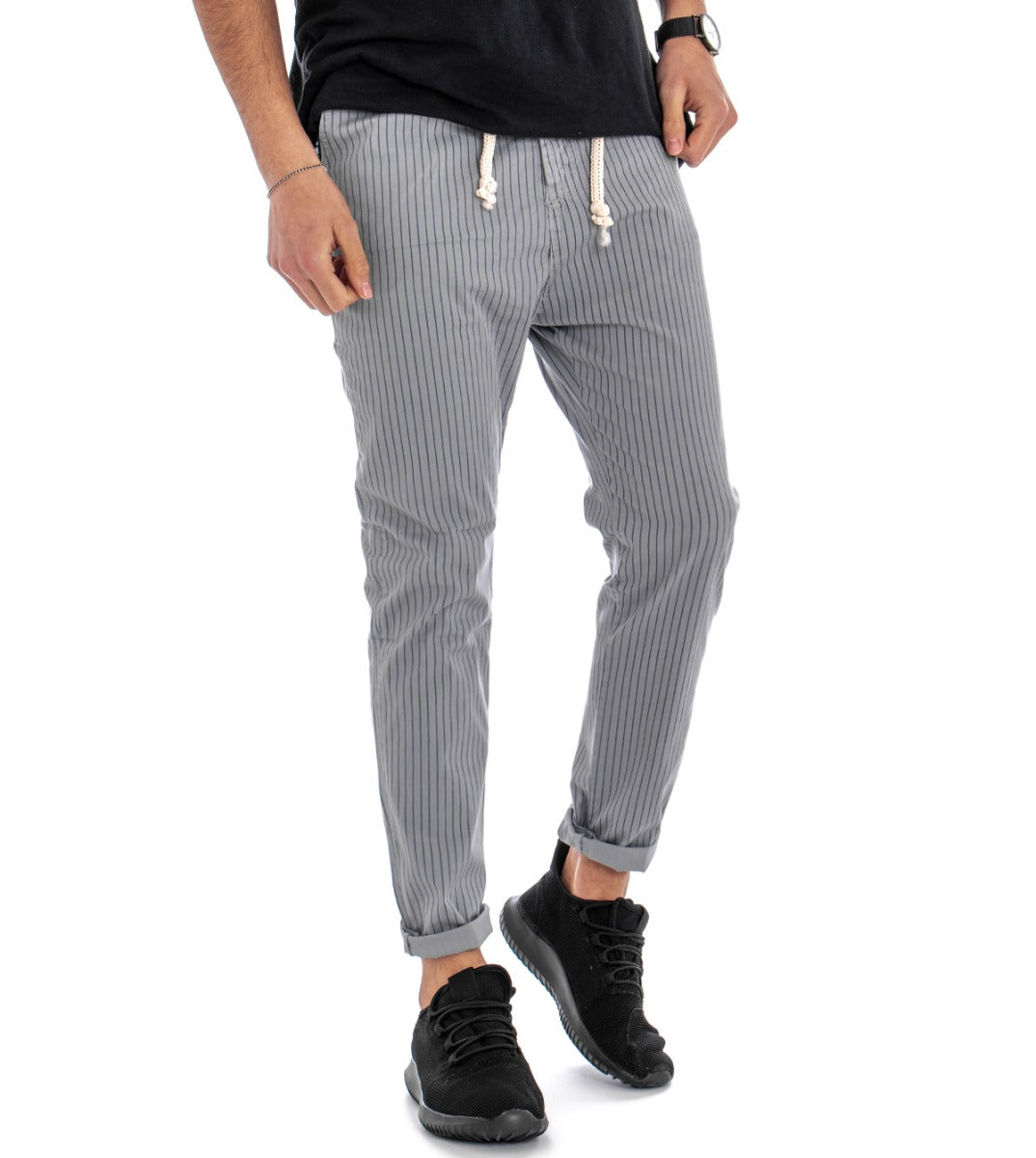 Pantaloni Uomo Tasca America Slim Grigio Rigato Righe Cavallo Basso Casual GIOSAL-P2332A