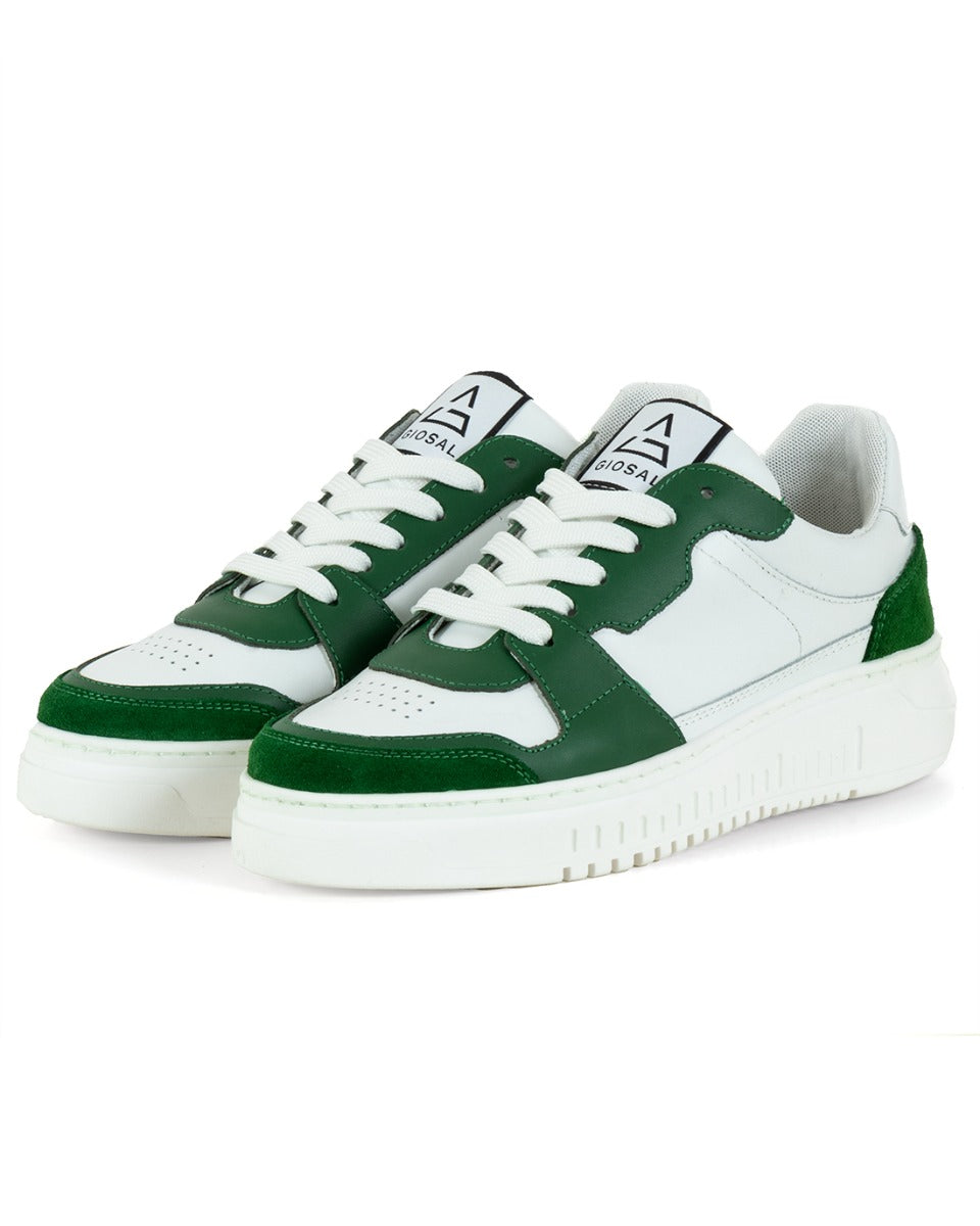 Scarpe Uomo Sneakers Ecopelle Camoscio Basic Bianco Verde Casual Sportive GIOSAL-S1221A