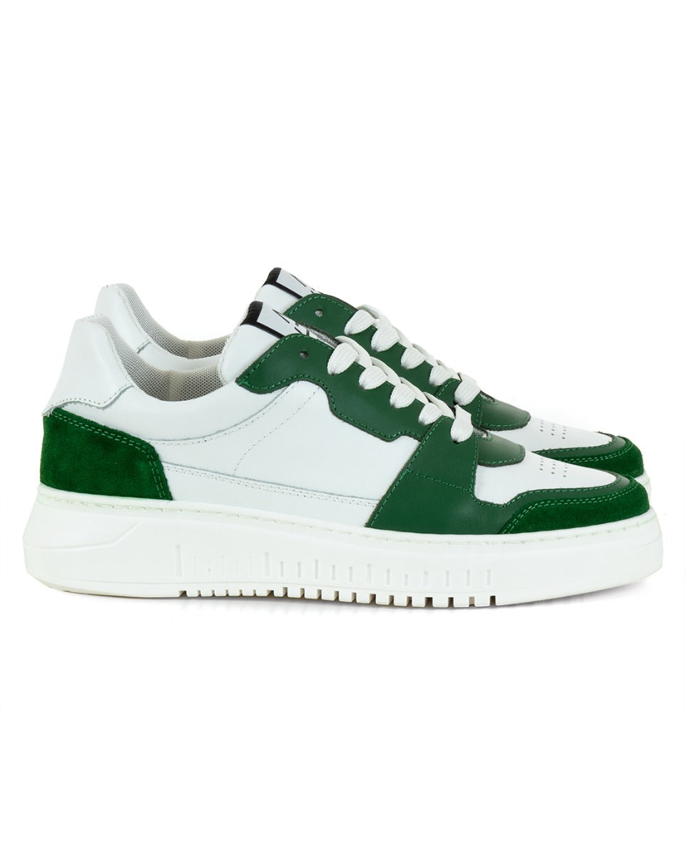 Scarpe Uomo Sneakers Ecopelle Camoscio Basic Bianco Verde Casual Sportive GIOSAL-S1221A